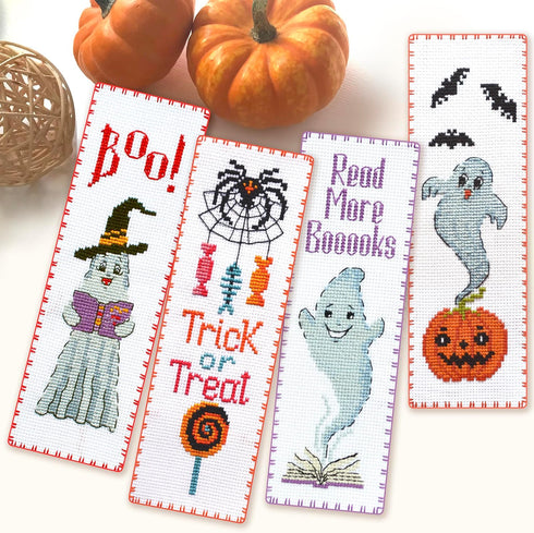 Povitrulya Counted cross Stitch Bookmark Kit 'Pumpkin Ghost' - DIY Embroidery set for Adults with Paper pattern, 16-count Aida Canvas and Presorte...