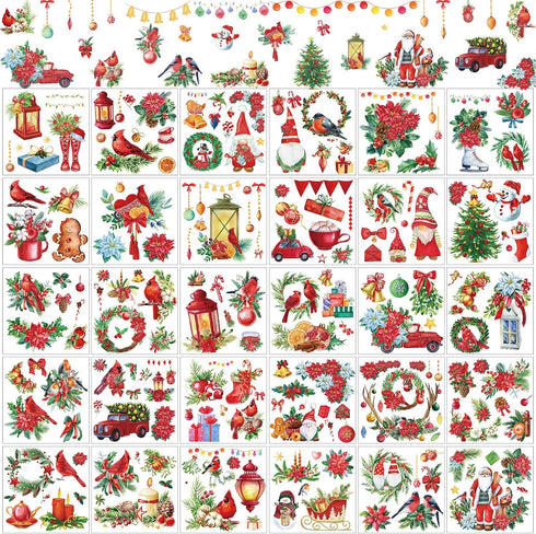 30 Sheets Christmas Rub on Transfers for Crafts and Furniture Xmas Santa Snowman Cardinals Transfer Stickers Winter Floral Bird Rub on Decal for H...