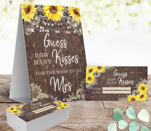 Your Main Event Prints Sunflower Guess How Many Kisses Game Sign and Cards - Perfect for Bridal Showers and Weddings - 1 Self-Standing Sign and 50...