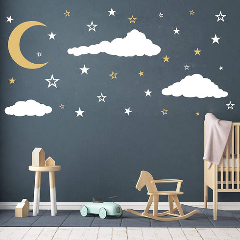 GESTYZ Vinyl Wall Stickers, Stars and Clouds Decal, White, Gold, for Nursery, Bedroom, Kids Room Wall Decoration...