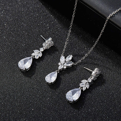 SWEETV Wedding Jewelry Sets for Brides Bridesmaid,Cubic Zirconia Teardrop Bridal Necklace Earrings Set Wedding Prom Jewelry for Women...