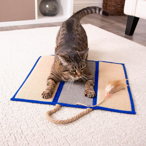 SmartyKat Clever Claws Carpet & Burlap Hanging Cat Scratch Mat - Brown/Gray with Blue Trim, One Size...