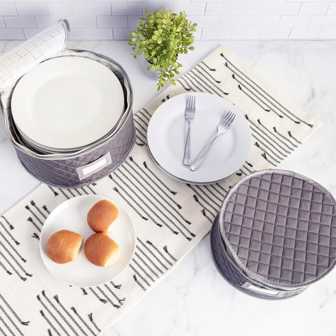 Stack Store Plus More China Storage Quilted Case for Dessert Plate, Bowls, Small Plate or Saucer - 8" W x 6" H - Gray - Includes 12 Felt Separator...