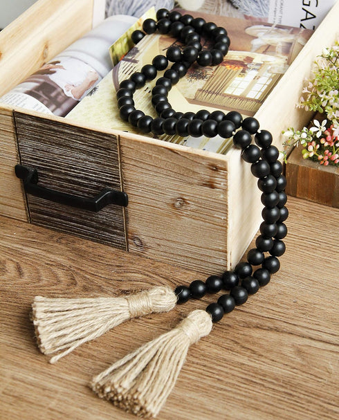 58in Wood Bead Garland with Tassels, Farmhouse Rustic Country Decor Prayer Boho Wall Hanging Decoration (Black)...