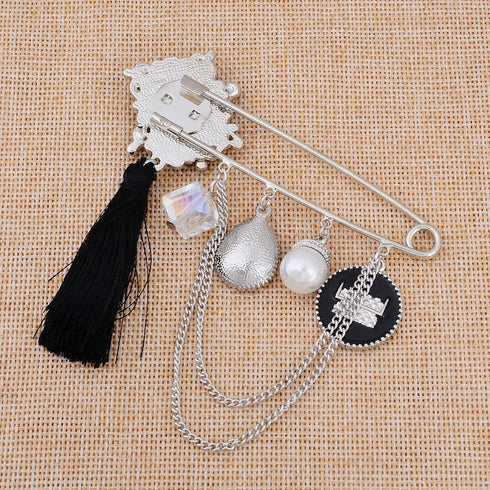 Black Enamel Crystal Butterfly Large Safety Pins Brooch with Tassel Camellia Pearl Charm 3.2" L...