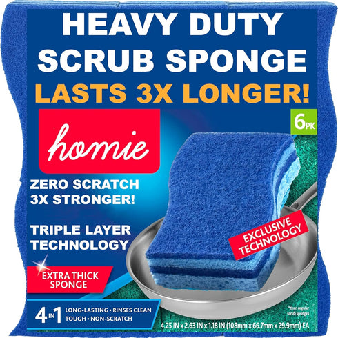 Homie 3X Longer Lasting Scrub Sponges, 6 Zero Scratch Kitchen Sponges for Washing Dishes and Cleaning The Kitchen and Bath, Non-Scratch Sponge Saf...