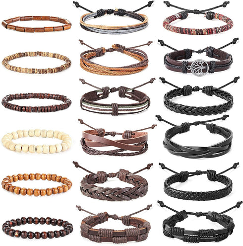 HANPABUM 18pcs Braided Leather Bracelets for Men Women Woven Cuff Wrap Bracelet Wood Beads Ethnic Tribal Bracelets Adjustable...