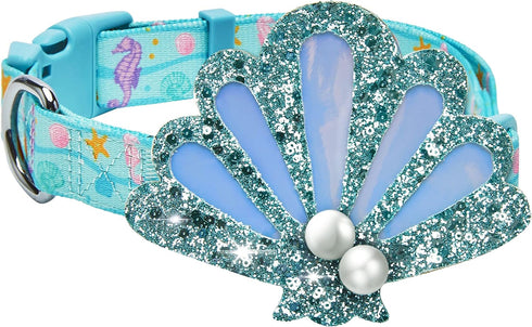 Blueberry Pet Summer Sparkle Dog Collar, Adjustable Medium Size, Neck 14.5"-20", Turquoise, Ocean Fish and Seahorse Print Nautical Pet Collar with...
