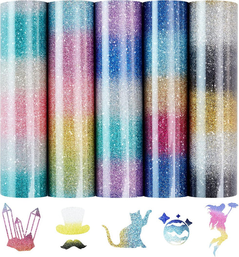 Tintnut Gradient Glitter Heat Transfer Vinyl-5 Sheet 12x10 inch Rainbow Ombre Glitter Iron on Vinyl Heat Transfer Vinyl DIY T-Shirts, Hats, Clothi...