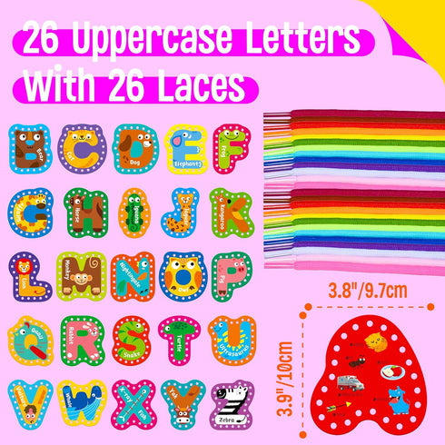 26PCS Kids Lacing Cards, 26 Double Sided Uppercase Sewing Cards with 26 Colorful Laces, Imagination Development Lacing Toys Games for Children Edu...