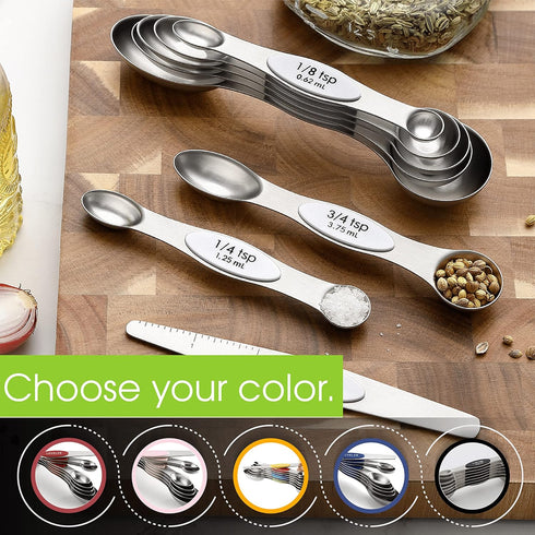 Spring Chef White Stainless Steel Magnetic Measuring Spoons Set of 8 with Leveler, Dual Sided Metal Teaspoon & Tablespoon Measuring Spoons, Fits i...