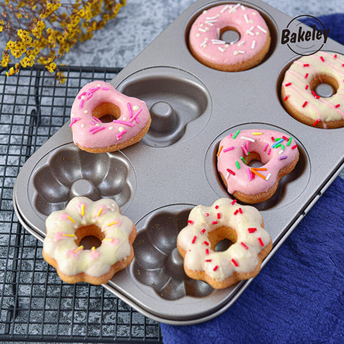 Fancy Donut Pan, 6 Cavity Donut Mold Heavy Duty Steel Non-stick Heart Flower Round Shaped Bund Pans Pattern Doughnut Bakeware for Oven Baking (Cha...
