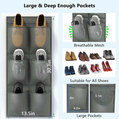 2 Pack RV Shoe Storage, 12 Large Mesh Pockets Closet Door Hanging Shoe Rack Organizer Narrow Shoe Holder, Wall Mounted Shoes Rack with Sticky Moun...