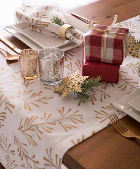 DII Holiday Dining Table Linen Metallic Fabric Kitchen Décor, Christmas Table Runner, 14x108, Gold Holly Leaves...