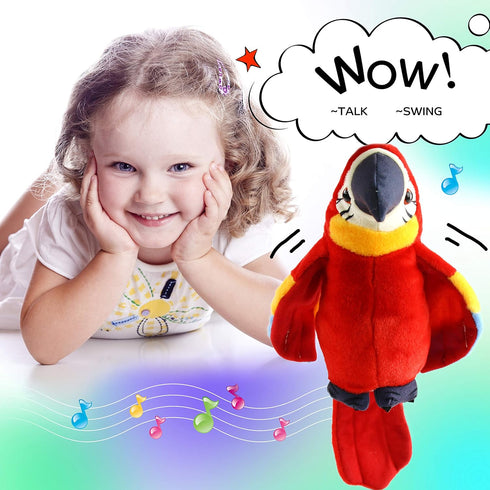 Houwsbaby 9'' Red Talking Parrot Plush Pal Repeat What You Say Recording Stuffed Animal Macaw Electronic Record Interactive Animated Bird Shake Wi...