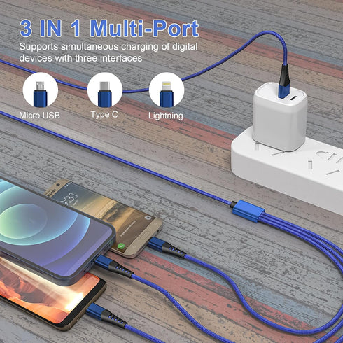 Multi 3 in 1 USB Long Charger Cable, 3M/10Ft 6A PD Fast Braided Charging Cord, Universal Multiple Ports Long Charging Cable with USB C/Micro USB/L...