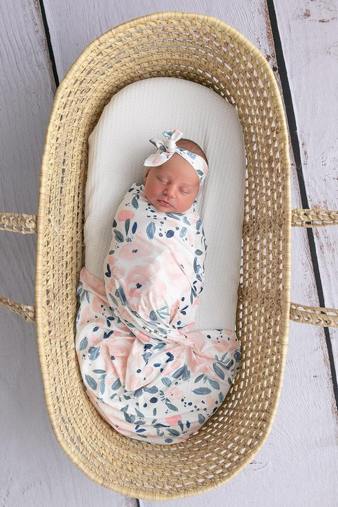 Newborn Baby Girl Receiving Blanket Swaddle Blanket Stretchy Knit Swaddle Set with Matching Headband and Beanie (Ink and Pink Floral)...