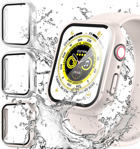 Suoman 3-Pack for Apple Watch Series 9 8 7 45mm Waterproof Case, 360° All-Round Protective Hard PC Tempered Glass Screen Protector for iWatch Seri...
