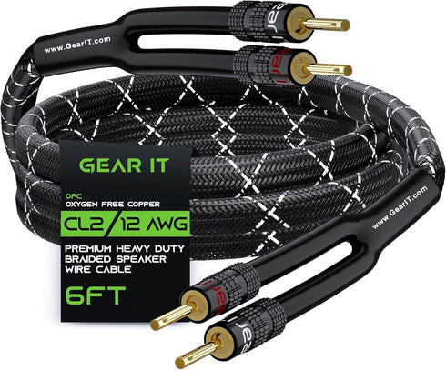 GearIT 12AWG Speaker Cable Wire with Gold-Plated Banana Tip Plugs (6 Feet) in-Wall CL2 Rated, Heavy Duty Braided, 99.9% Oxygen-Free Copper (OFC) -...