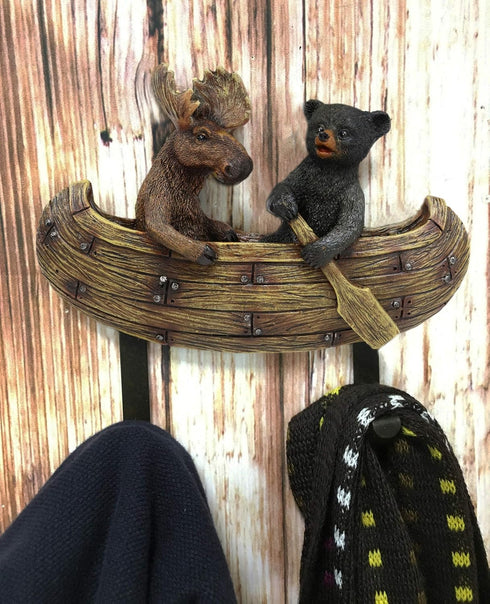 Ebros Whimsical Forest Creek Buddies Rustic Black Bear and Elk Moose Rowing Boat Canoe 2 Pegs Wall Hooks 7" Wide Hanger Bears Deers Elks Wall Moun...