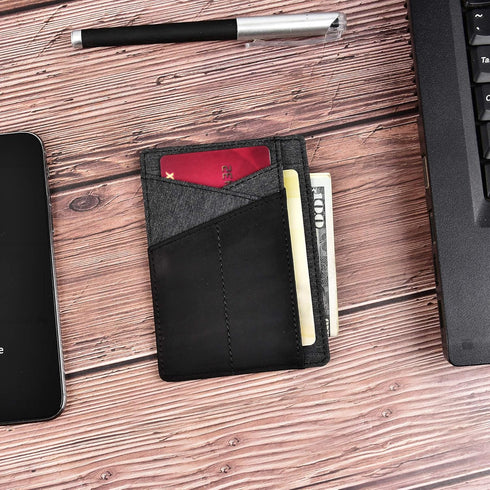 kinzd Slim Wallet RFID Front Pocket Wallet Minimalist Secure Thin Credit Card Holder (Black Leather and Grey Cloth)...