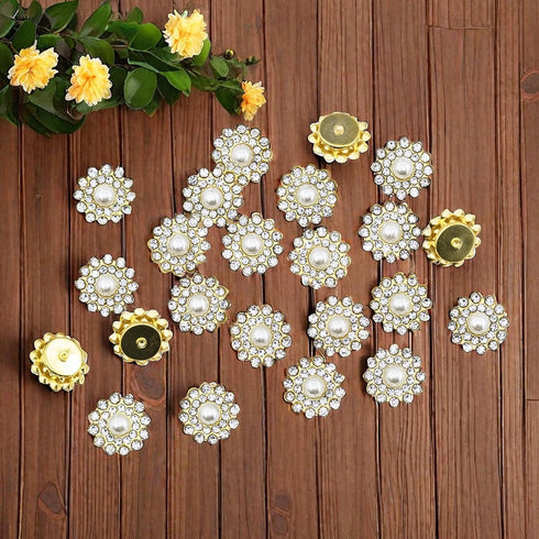 50 pcs Pearl Rhinestone Crystal Embellishments Decoration Brooch Flatback DIY Craft for Flower Bow Headband Dress Accessory 14mm (Gold)...