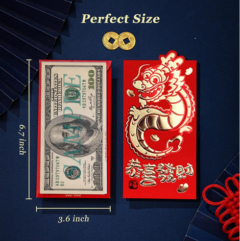 24PCS Chinese New Year Money Envelopes, Lucky Red Envelopes with Gold Foil, 2024 Dragon Year Red Pocket for Kids Adults, Chinese Spring Festival R...
