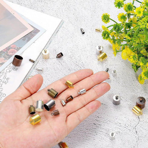 MECCANIXITY 50Pcs Cord End Caps 9mm End Cap Barrel Beads Kumihimo 3.5mm Dia End Caps Brass for Leather Cord, Tassels, Jewelry Making, Silver...