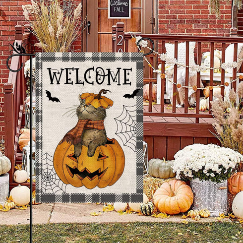 Halloween Garden Flag Cat Pumpkin Head Bat Buffalo Plaid Vertical Double Sided Flag Halloween Holiday Farmhouse Yard Lawn Outdoor Party Decor 12.5...