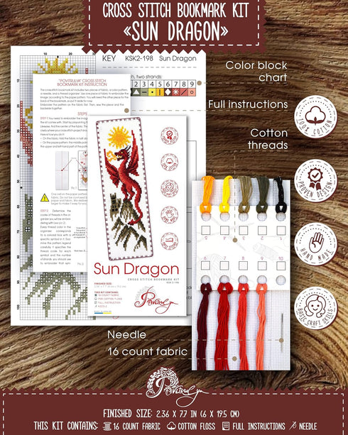 Povitrulya Counted Cross Stitch Kit 'Sun Dragon' - DIY Embroidery Book Marker Set for Adults with Paper Pattern, 16 Count Aida Canvas and Presorte...