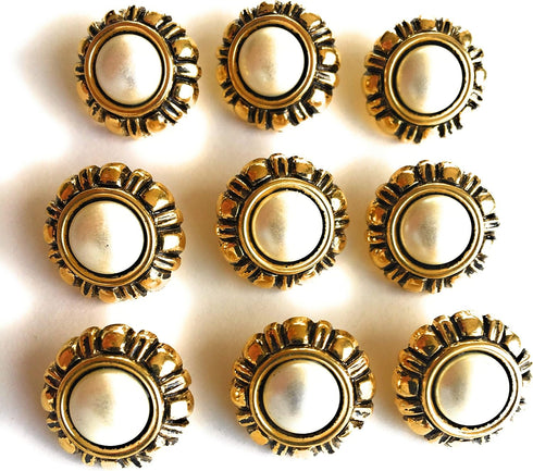 9 - White Pearl Buttons with Antique Gold Rim Settings-Dome -Blouse and Shirt Buttons (9-5/8'' White Pearl Buttons Anti .Gold Rim)...