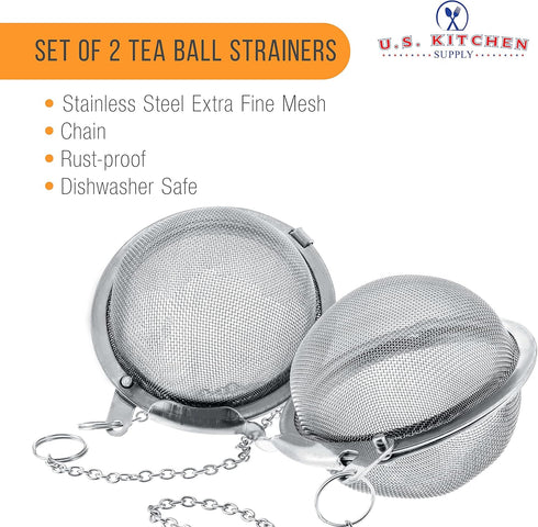 U.S. Kitchen Supply - 2 Premium Stainless Steel Tea Ball Strainer Infusers - 2.1" Size with Extra Fine Mesh - Steep Loose Leaf Tea, Herbal, Spices...