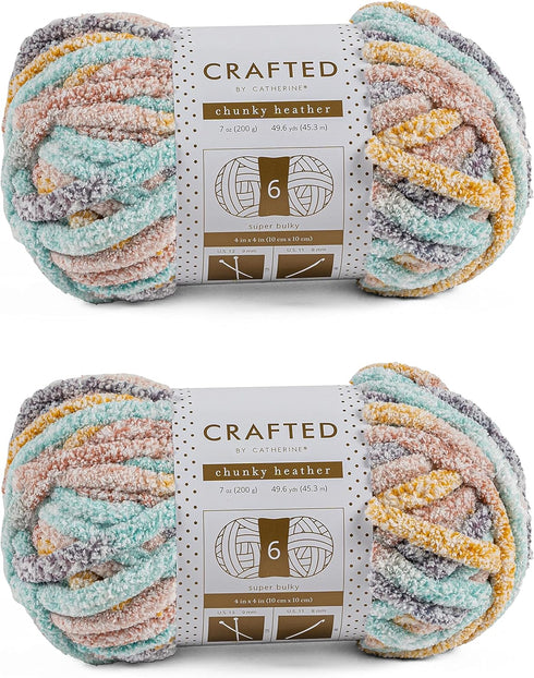 Crafted By Catherine Chunky Heather Multi Yarn - 2 Pack (49 Yards Each Skein), Rainbow Multi, Gauge 6 Super Bulky......