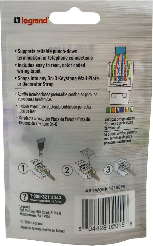 Legrand - OnQ Telephone Keystone Jack RJ25, Male to Male Connector, Universal Keystone Connector for Phone Connections, Rear Mount Snap-In Keyston...