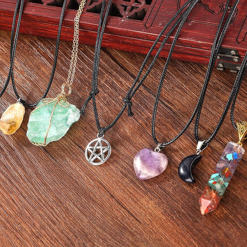MJartoria Moon Pentagram Necklace Pentacle Crystal Chakra Necklace Charm Pendant Multi Layered Alloy Chain Choker Necklaces Set Gothic Jewelry 9PC...