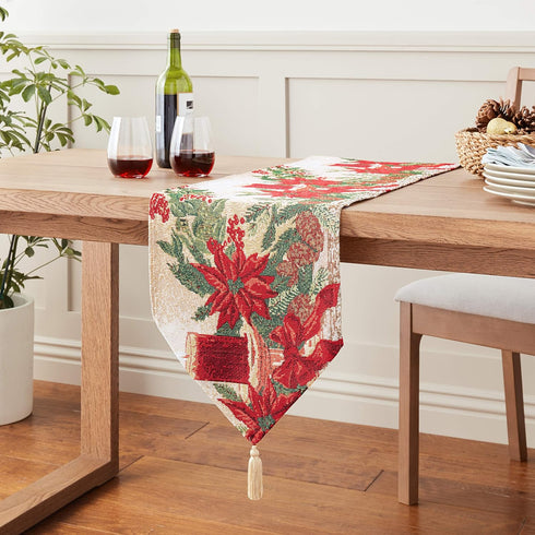 Decorative Christmas Poinsettias Candles Design Tapestry, 13" X 70" Table Runner...
