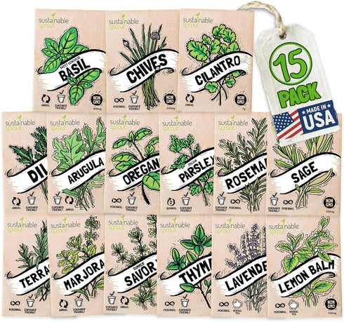Sustainable Sprout 15 Heirloom Culinary Herb Seeds Variety Pack: Basil,Cilantro, Parsley, Chives,Thyme, Oregano, Dill,Rosemary, Arugula,Tarragon, ...
