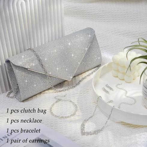 4Pcs Silver Clutch Bag Jewelry Set For Women Rhinestone Shiny Evening Purse Handbag Clutches Purses For Wedding Party Gift (Elegant Style)...