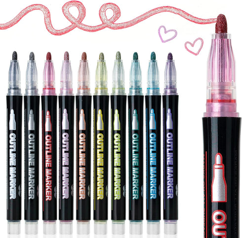 Mr. Pen- Double Line Outline Markers, 10 Colors, Shimmer Markers, Self-Outline Metallic Markers, Outline Pens, Craft Pens...