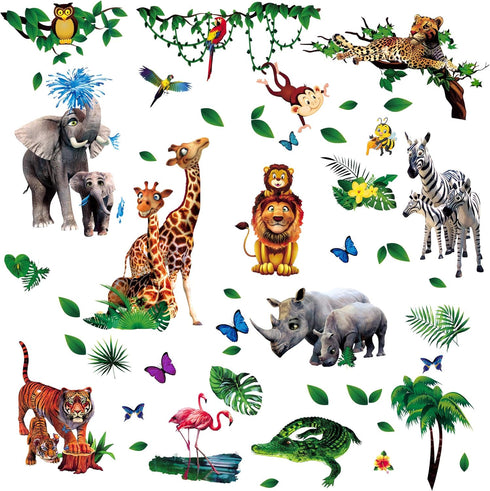 Amaonm Creative Giant Removable Cartoon Zoo Wild Jungle Animals 3D DIY Lion Giraffe Elephant Tree Wall Decals Nursery Decor for Kids Bedroom Livin...