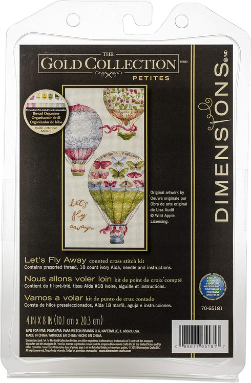 Dimensions Gold Petite Counted Cross Stitch Kit 'Let's Fly Away' Hot Air Balloon Pattern, 18 Count Ivory Aida Cloth, 4'' x 8''...