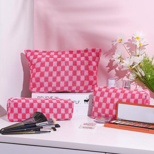 Large Capacity Makeup Bag Set Pink Checkered Makeup Bags 3 Pieces Canvas Travel Makeup Bag Organizer Travel Toiletry Bag Storage Bag for Women...