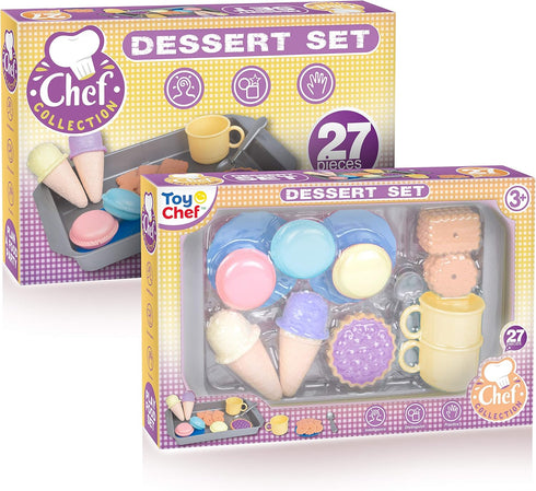 Toddler Food Toys Pretend Playset Colorful Dessert Playset with Realistic Cookies, Macarons, Pies, Cups, Ice Cream, Spoons and Large Tray for Boys...