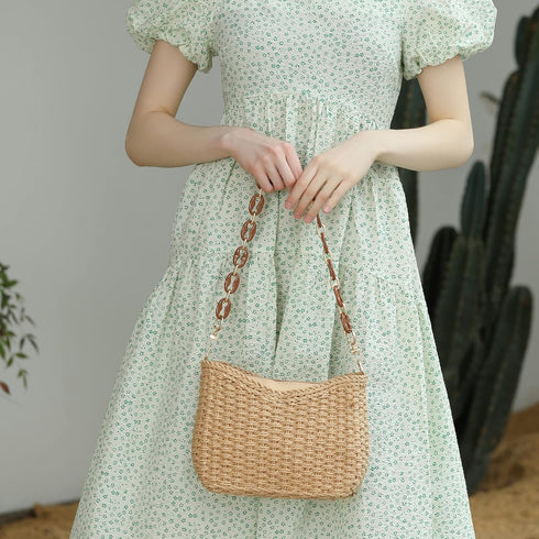 Herald Small Handmade Straw Pocketbook Crossbody Bag for Women, Summer Chic Woven Handbag Shoulder Purse with Chain...