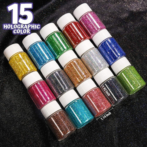 LEOBRO Holographic Fine Glitter, 15 Colors Fine Glitter for Crafts, Resin, Jewelry Art Crafts Making, Nail Body, with 10 PCS Stir Spoons...
