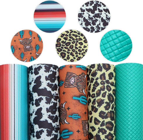 David accessories Faux Leather Sheet 5pcs/Set 7.7" x 12.9"(20cm x 33cm) Cow Pattern Mixed Synthetic Leather Sheets Bundles for Leather Earrings Bo...
