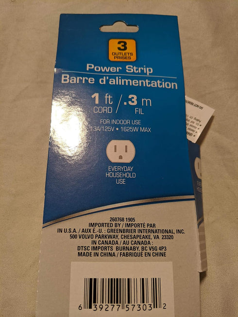 Power Strip 3 Outlet 1 Count...