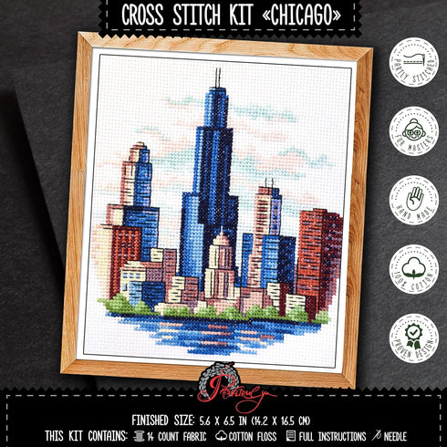Povitrulya Counted Cross Stitch Kit for Adults “Chicago” - Chi-Town Cityscape Hand Embroidery Set with Pattern, 14-Count Aida Cloth and Pre-Sorted...