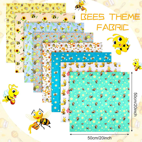 8 Pieces Bee Fabric Honey Bee Pattern Fabric Fat Quarters Bee Theme Quilting Fabric Bees Flower Printed Craft Fabric Bundles for DIY Sewing Quilti...