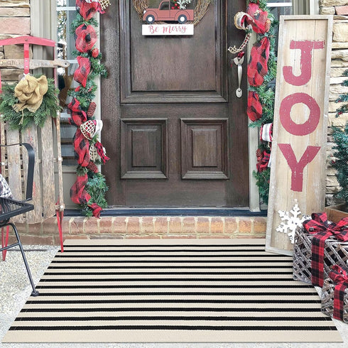 KILOCOCO Beige Striped Rug 2.3'x3.6' Indoor Outdoor Rugs Front Door Mat Hand Woven Cotton Washable Striped Layered Doormats for Front Porch/Kitche...